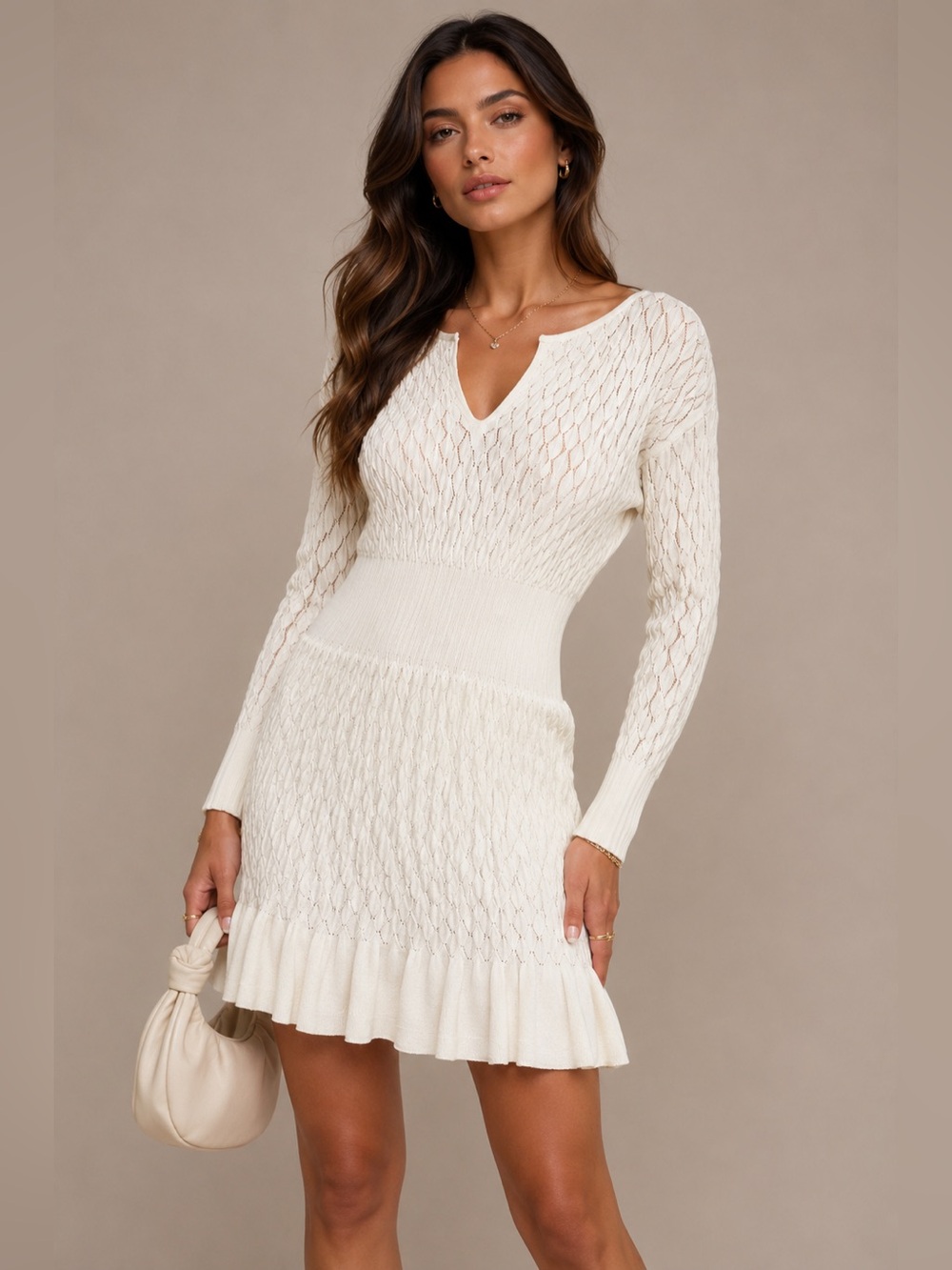 NWOT FEW MODA V-Neck Cream Knit Mini Dress with Ruffled Hem